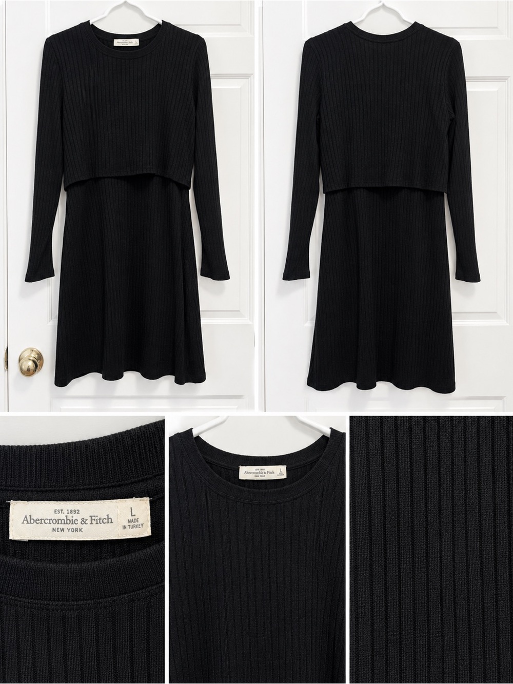 Abercrombie & Fitch Black Ribbed Crewneck Layered Sweater Dress